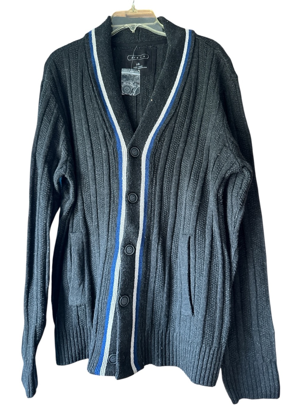 Forever 21 Men's Black Ribbed Cardigan with Blue and White Stripe